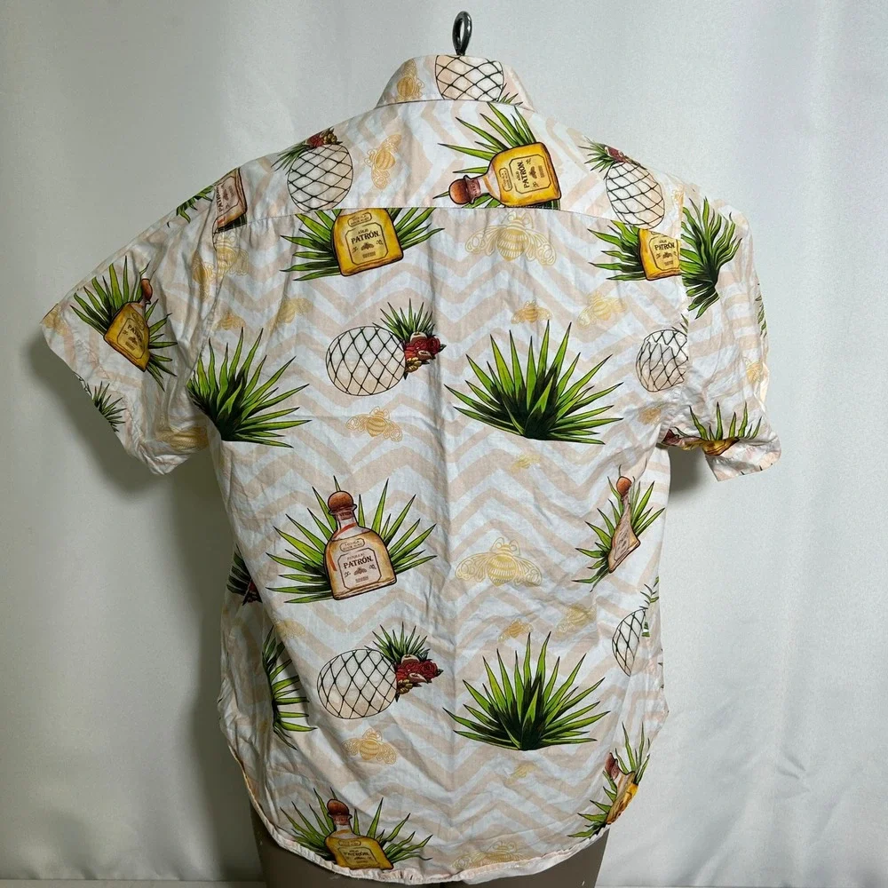 Patron Tequila Bottle Simply Perfect Button Down Beige Hawaiian Shirt Women's XL